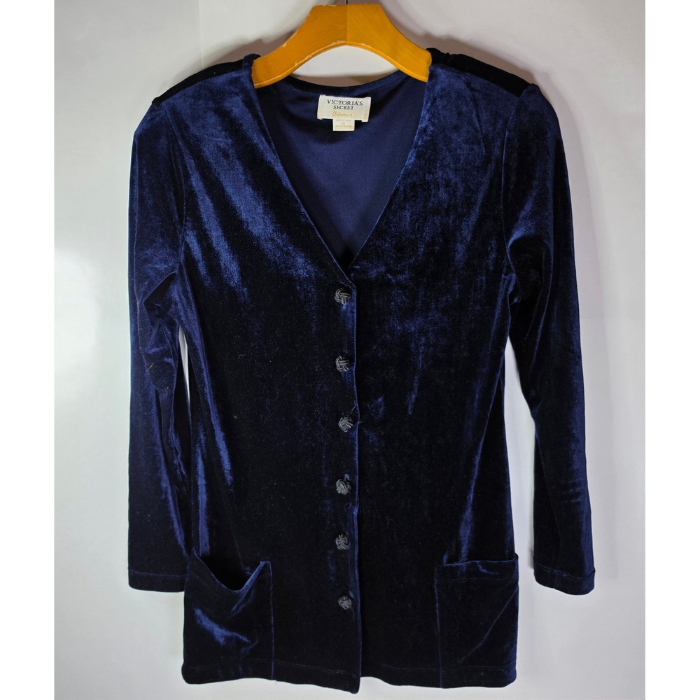 VTG Victoria's Secret Gold Label Velvet Cardigan Button Up Shirt Blue M 90s